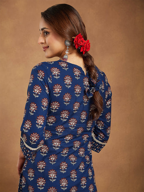 Janasya Women's Dark Blue Pure Cotton Floral Printed Straight Kurta Pant Set